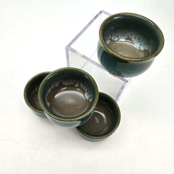 4 Drip Glazed Tea Cups Blue and Brown Set Of 4 Handmade Ceramic je193 - Picture 5 of 9